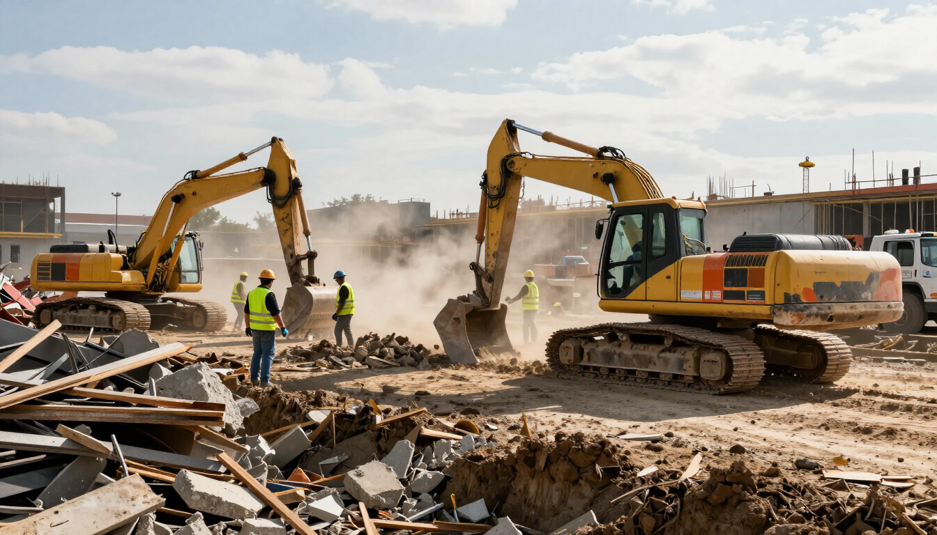 Un equipo de construcción opera excavadoras entre los escombros de una obra de demolición.