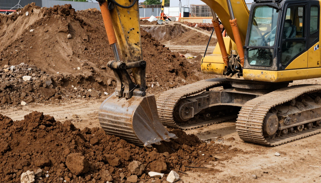 Excavadora amarilla removiendo tierra en una obra en construcción con montones de tierra y caminos embarrados.