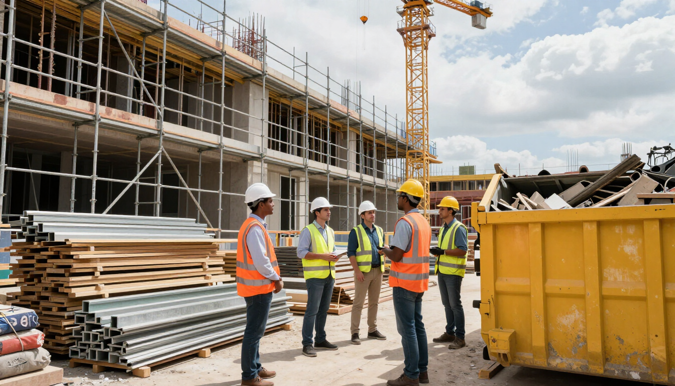 Obreros de la construcción con chalecos de seguridad y cascos permanecen de pie en una obra 