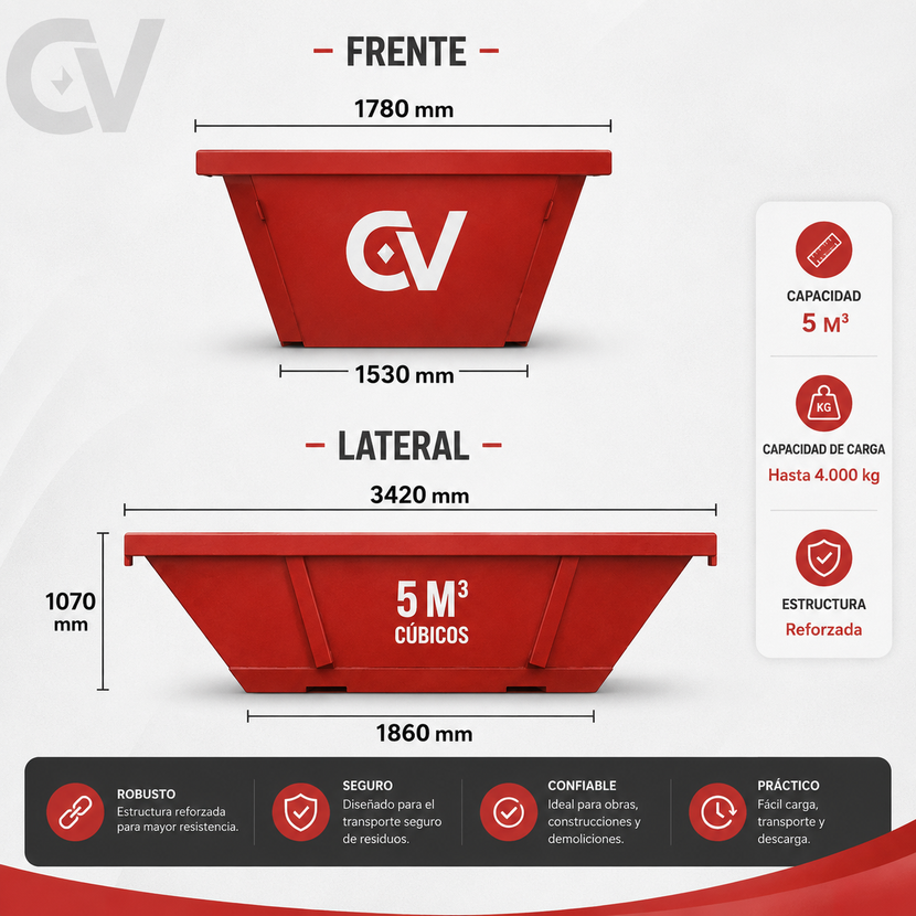 Diagrama de dimensiones de un contenedor rojo y blanco de 5 m³, vistas frontal y lateral, con medidas en milímetros.