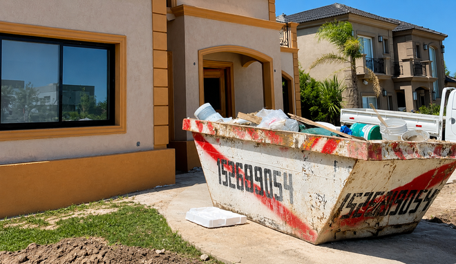 Gran contenedor de obra en una soleada calle residencial junto a una casa de estuco y una acera.