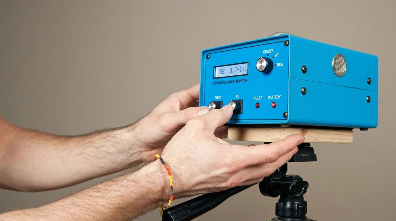 Hands adjusting a blue electronic device mounted on a tripod against a plain background