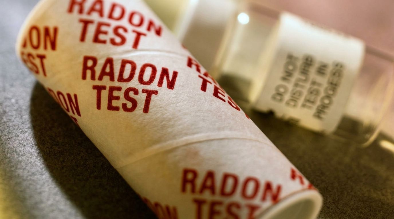 Close-up of two radon test kits with red lettering on a table