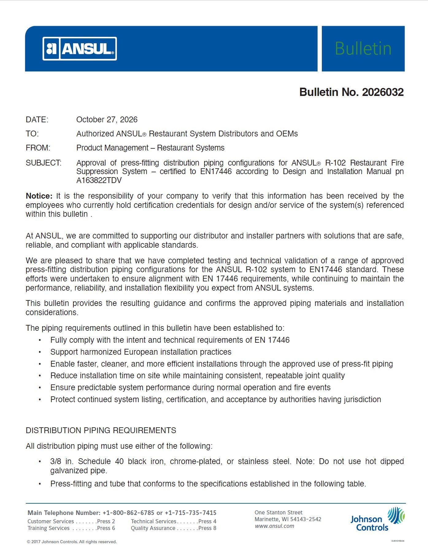 Blue ANSI bulletin document with dense text and company logos at top and bottom
