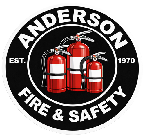 AMEREX CORPORATION Anderson Fire & Safety logo with three red fire extinguishers on a black circular background