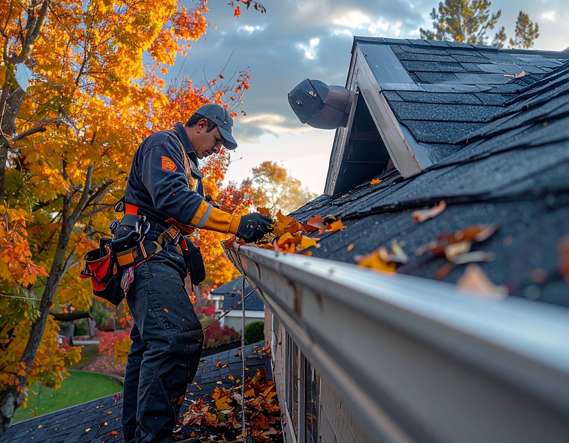 Worker cleaning gutters on a house roof in autumn, with orange leaves and a ladder nearby
