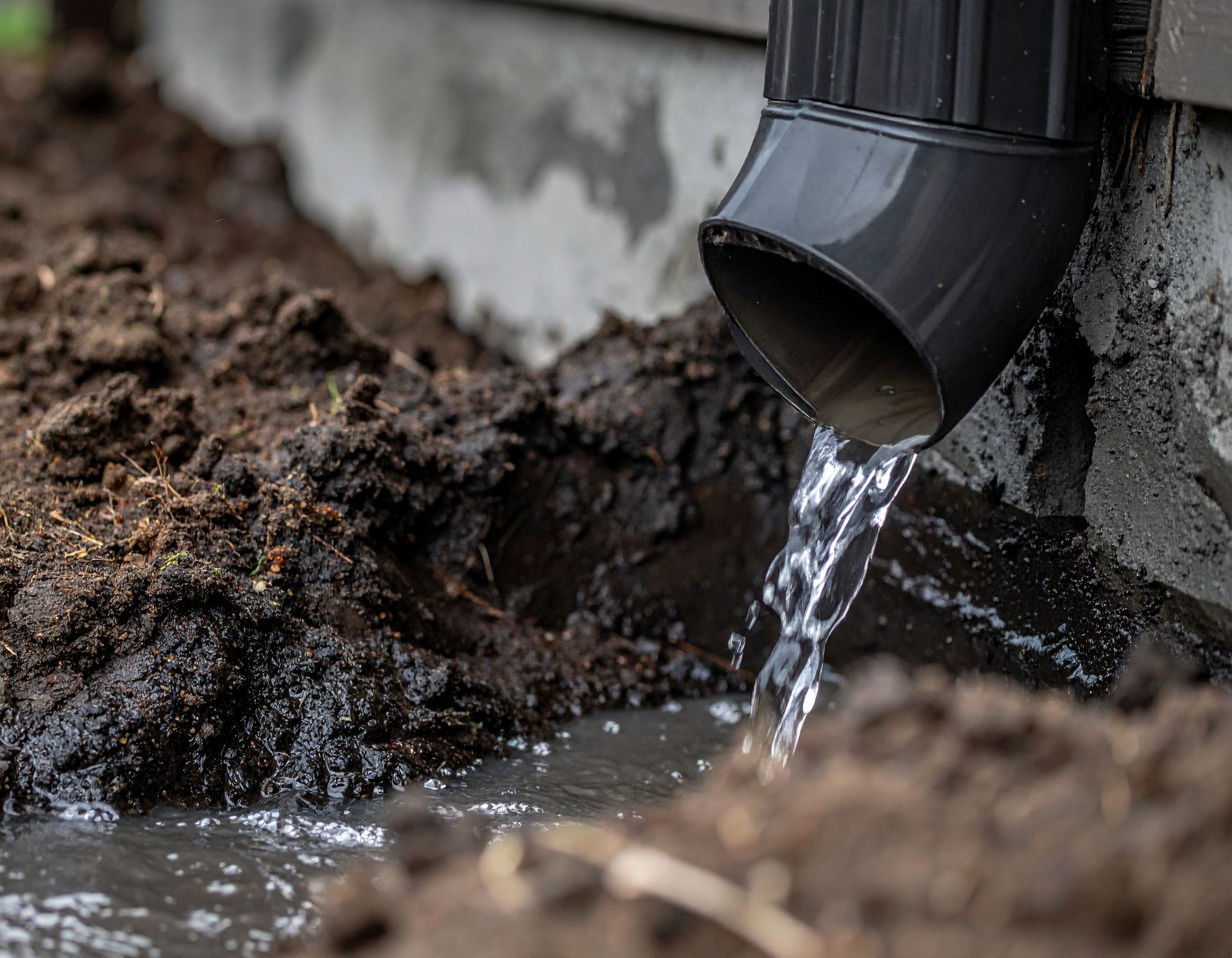Water pouring from a black gutter downspout into muddy soil beside a concrete wall
