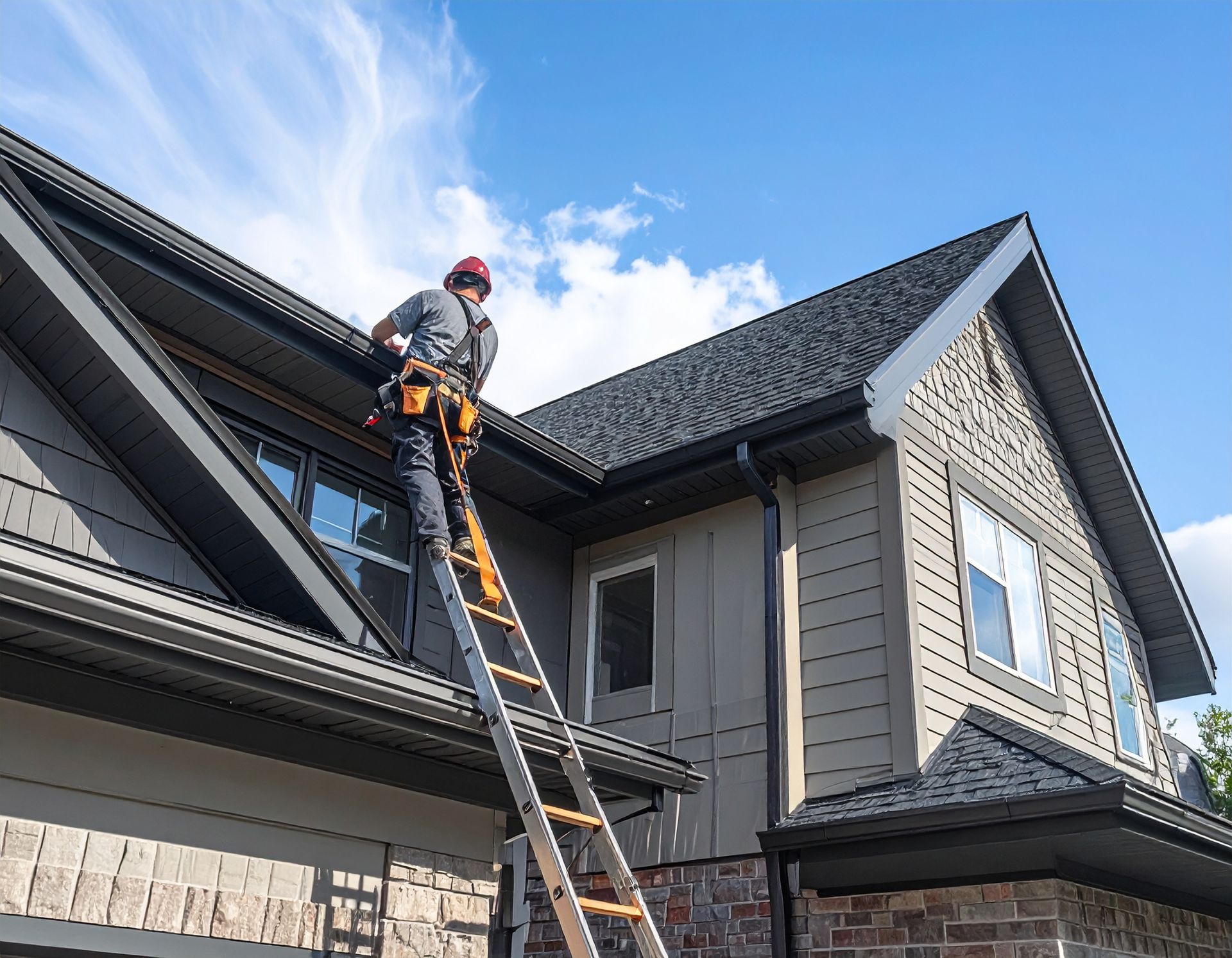 Worker on a ladder repairing a dark gray house roof under a blue sky