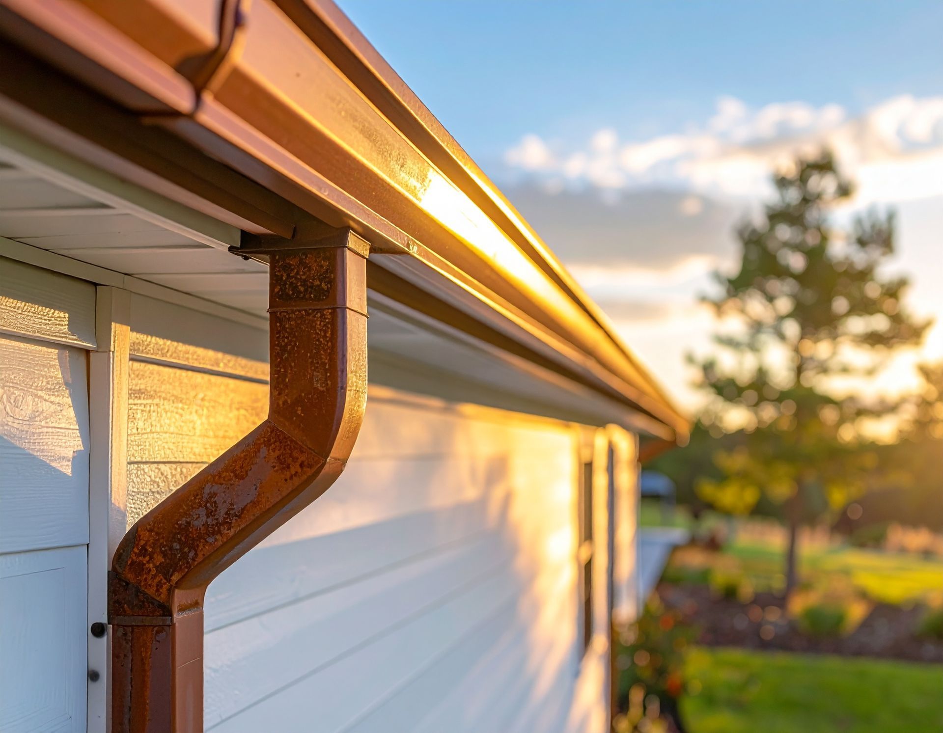 Rusty gutter on a white house roof at sunset, with warm light and a blurred tree in the background