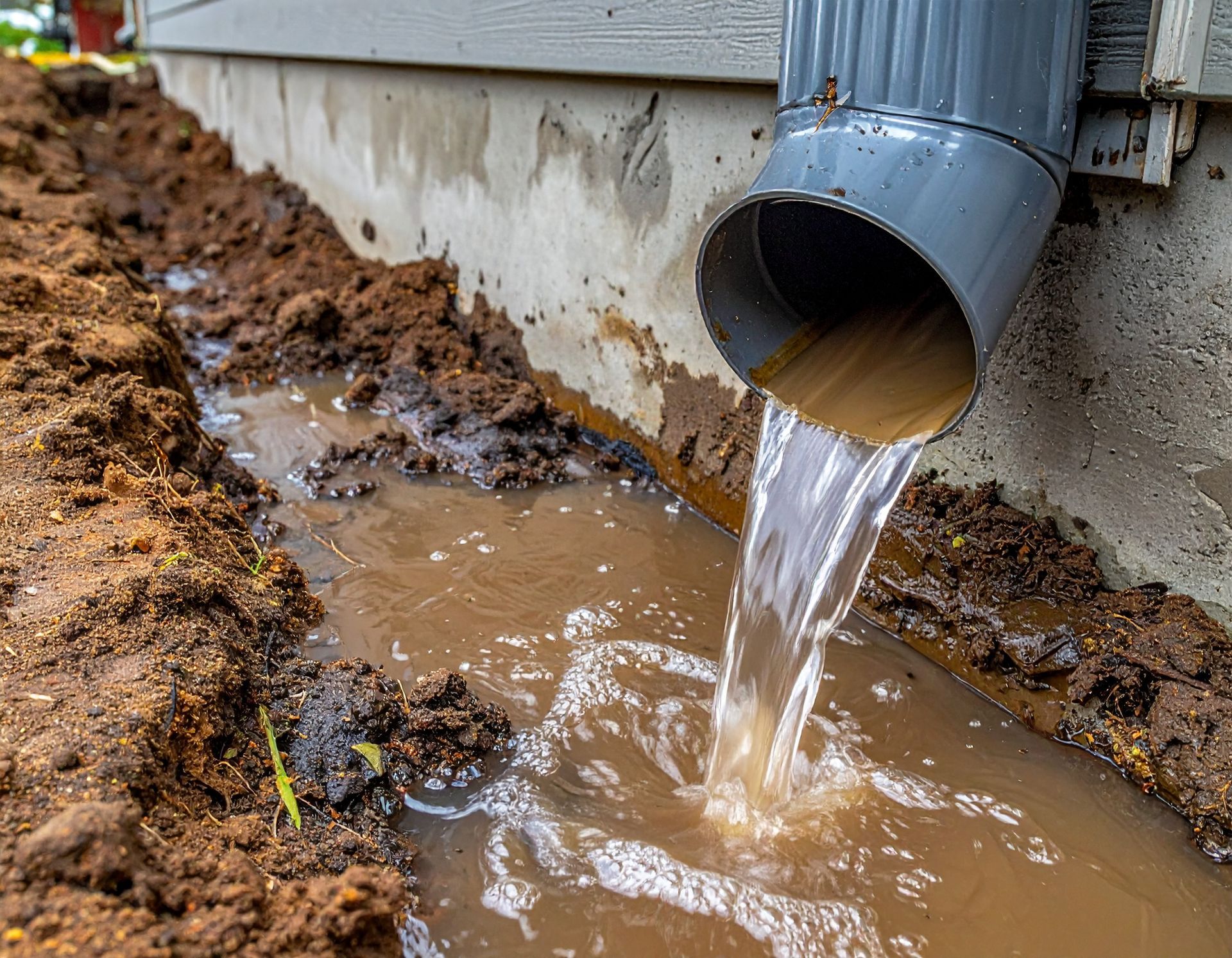 Water pouring from a gray drainpipe into muddy flooded ground beside a house