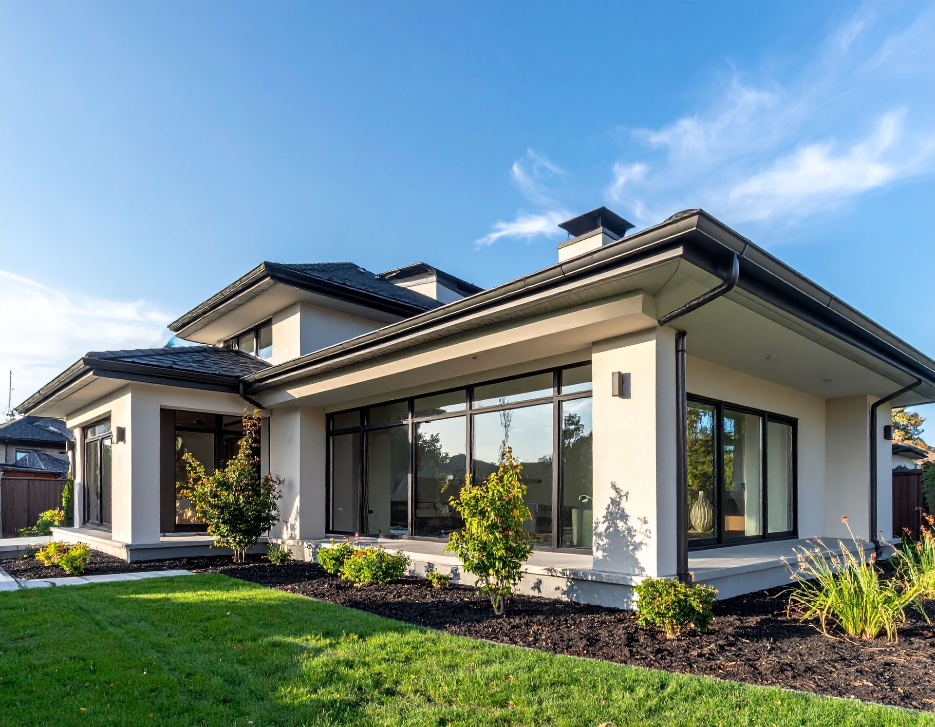 Modern single-story house with a white exterior, dark roof, large windows, and a green lawn under a blue sky