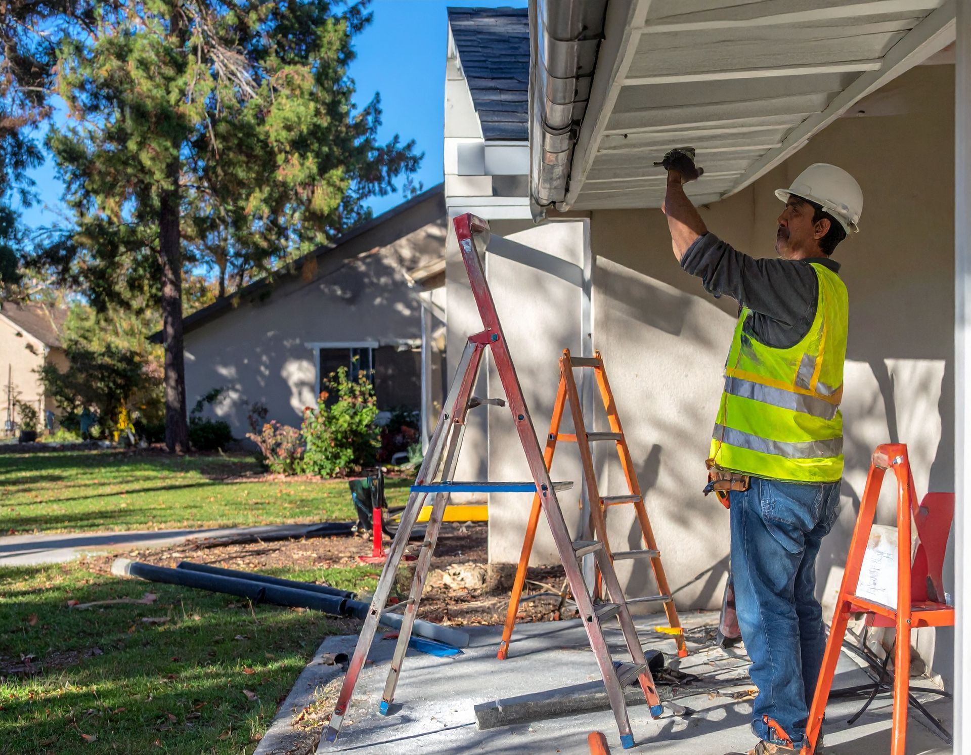 Worker on a ladder painting a house exterior under the eaves.