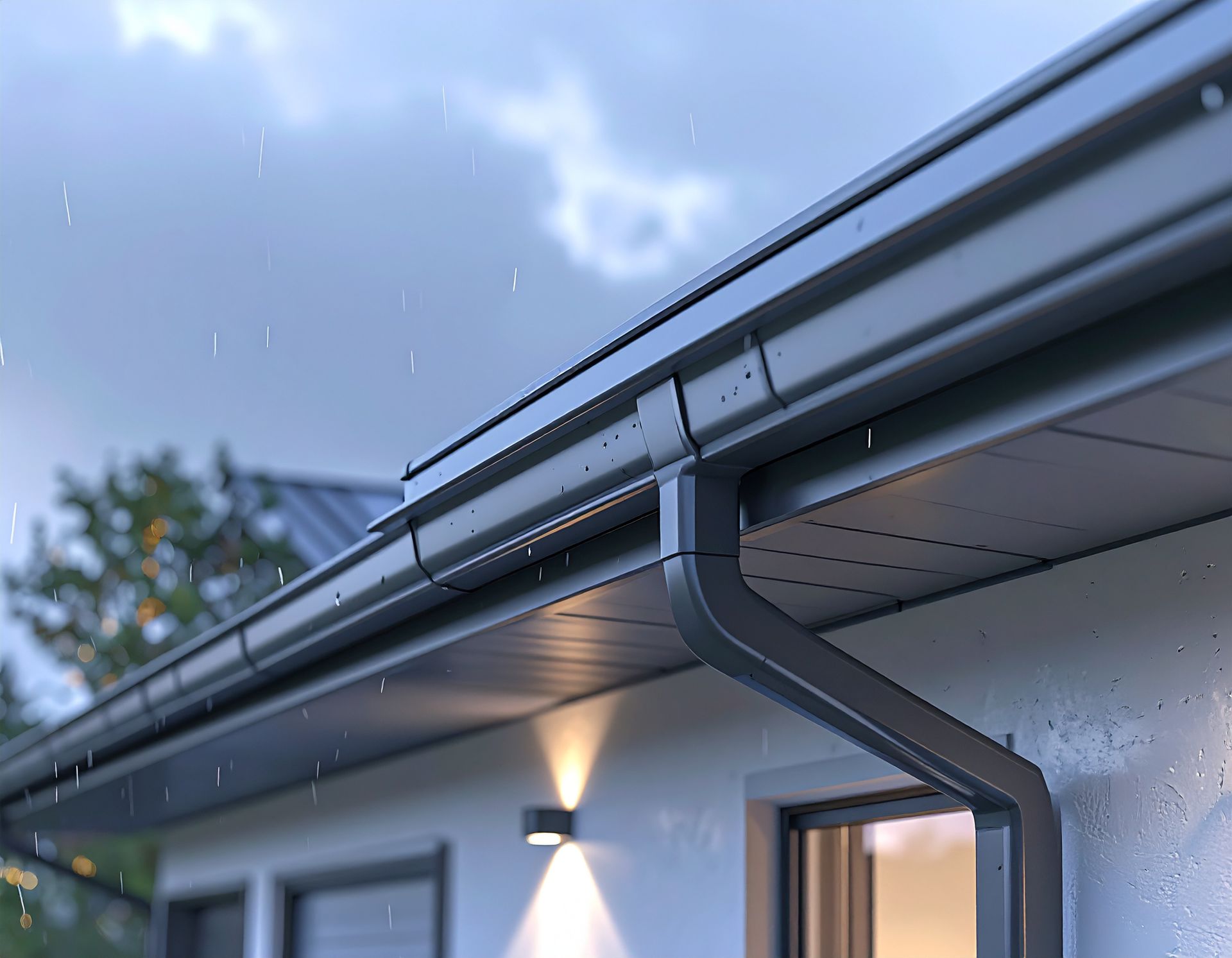Rain falling on a modern house roof and gutter at dusk, with a lit exterior wall lamp.