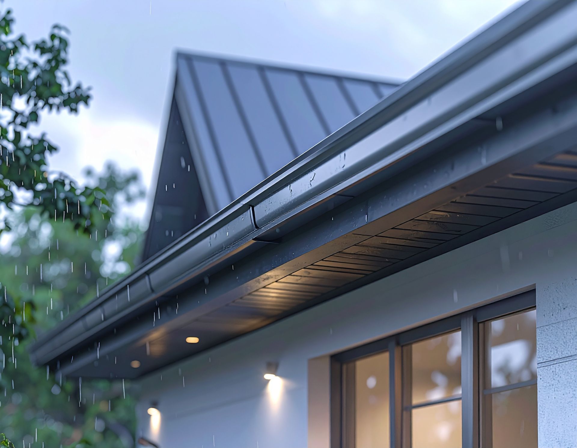 Modern house exterior with dark metal roof and lit windows at dusk