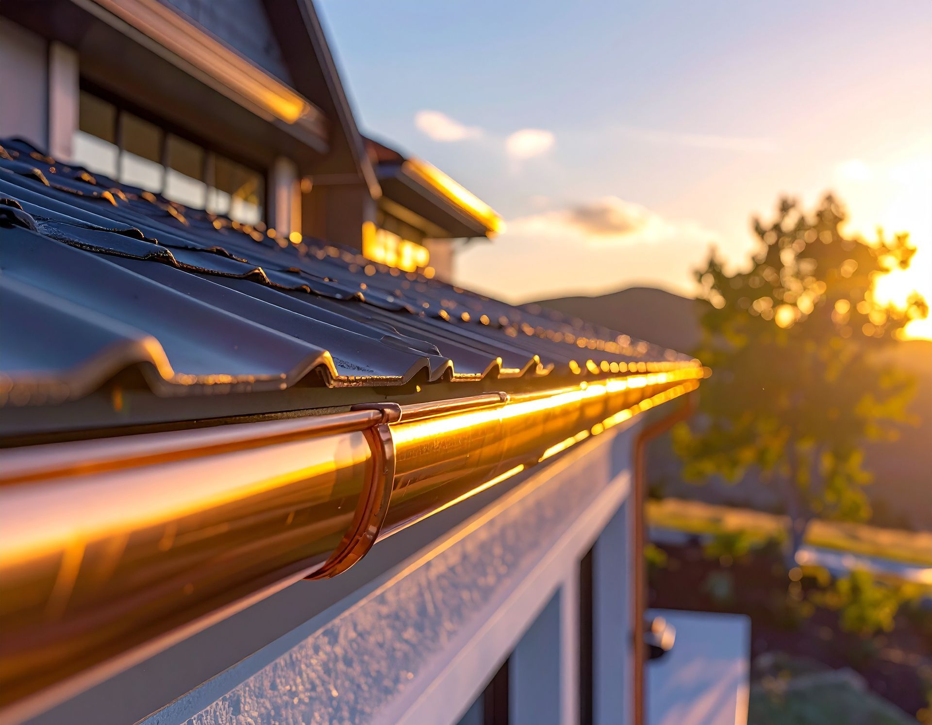 Sunlit rooftop gutter beside dark roof tiles at sunset