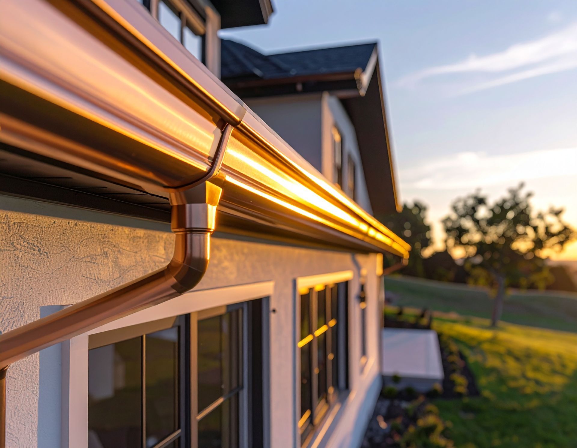 Modern house exterior with warm sunset light reflecting along the roofline and windows