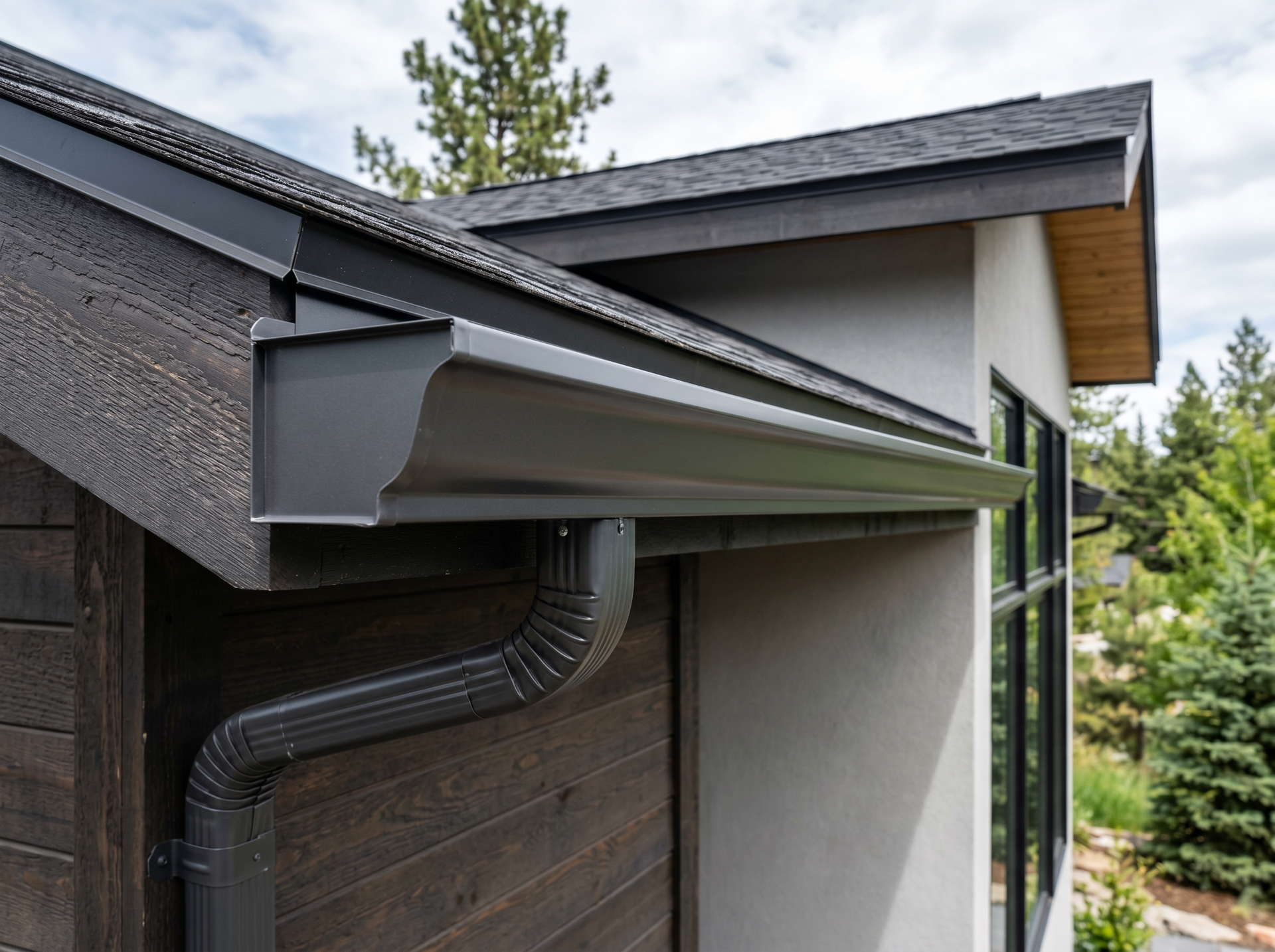 Close-up of a house roof edge and rain gutter with downspout against trees and siding