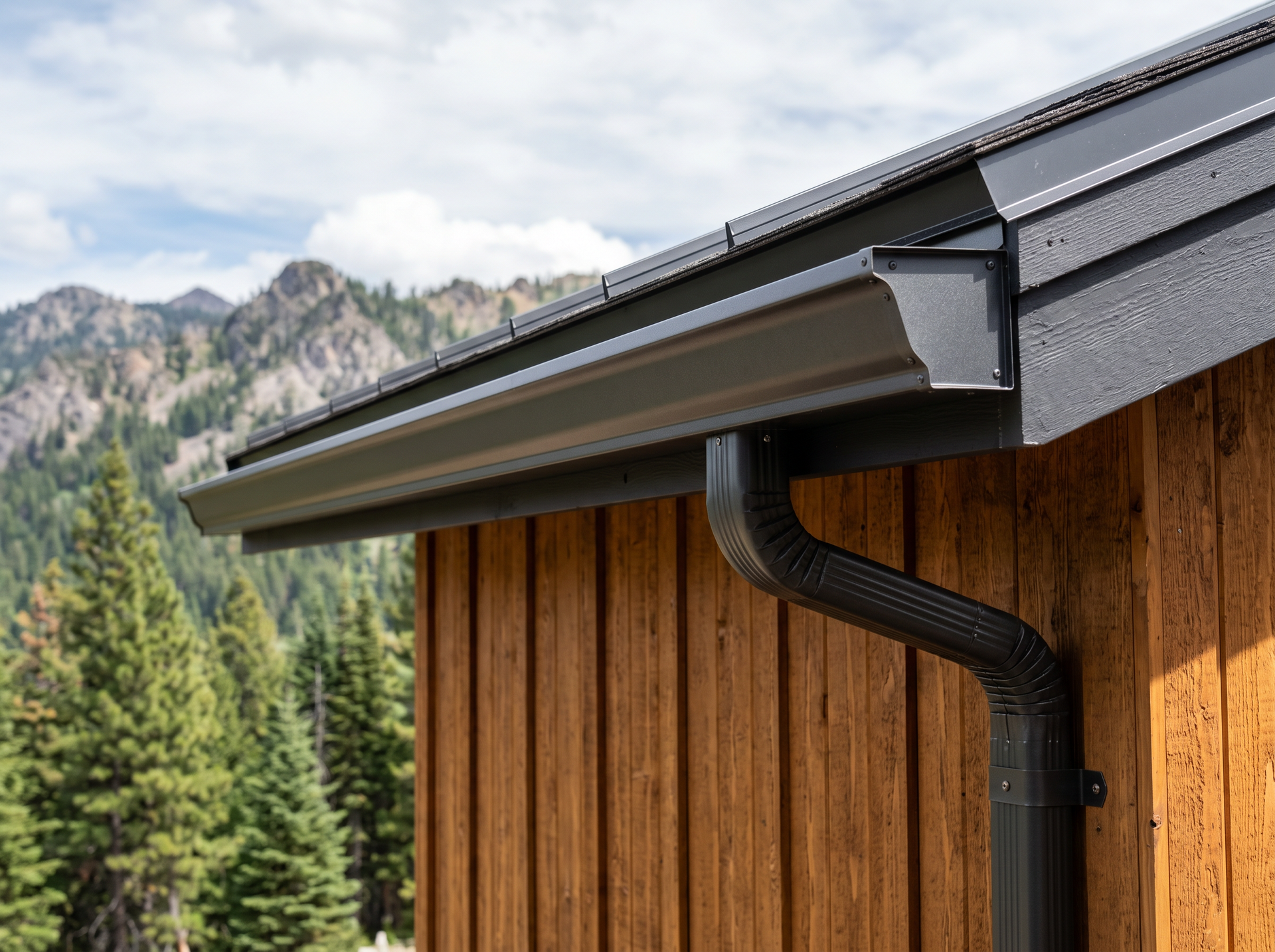 House roof gutter and downspout on a wooden cabin with mountains in the background