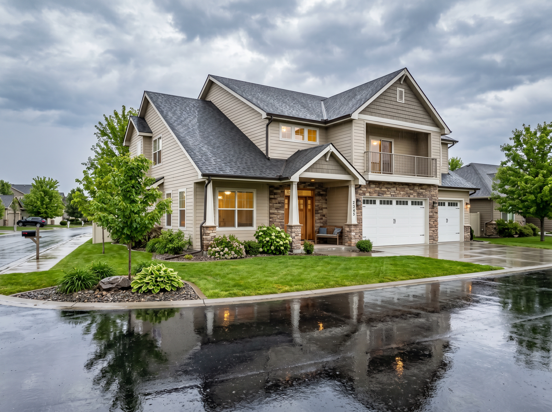 Suburban house with stone exterior and wet driveway under cloudy skies