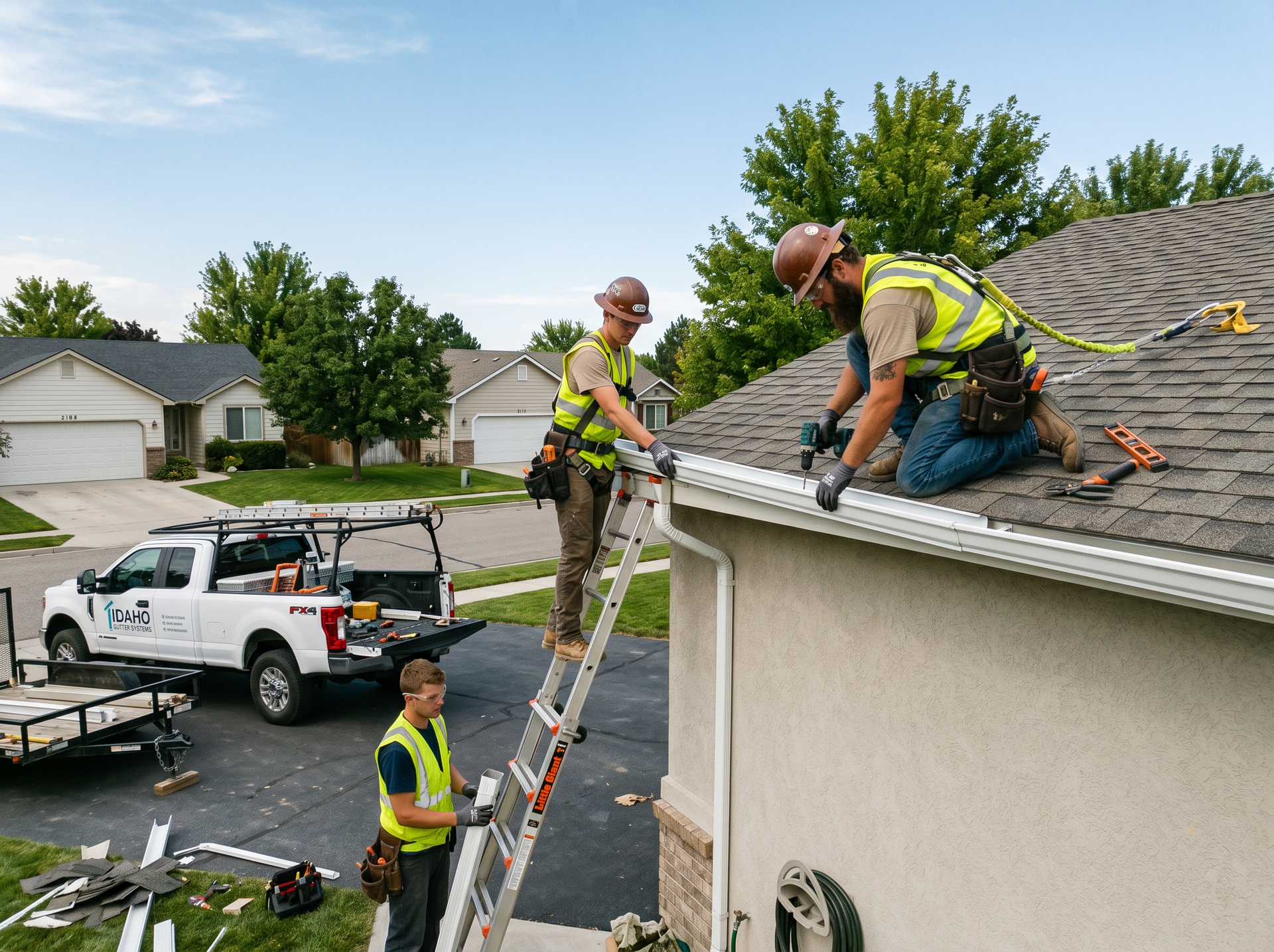 Roofers working on a house roof beside a ladder and truck in a suburban neighborhood