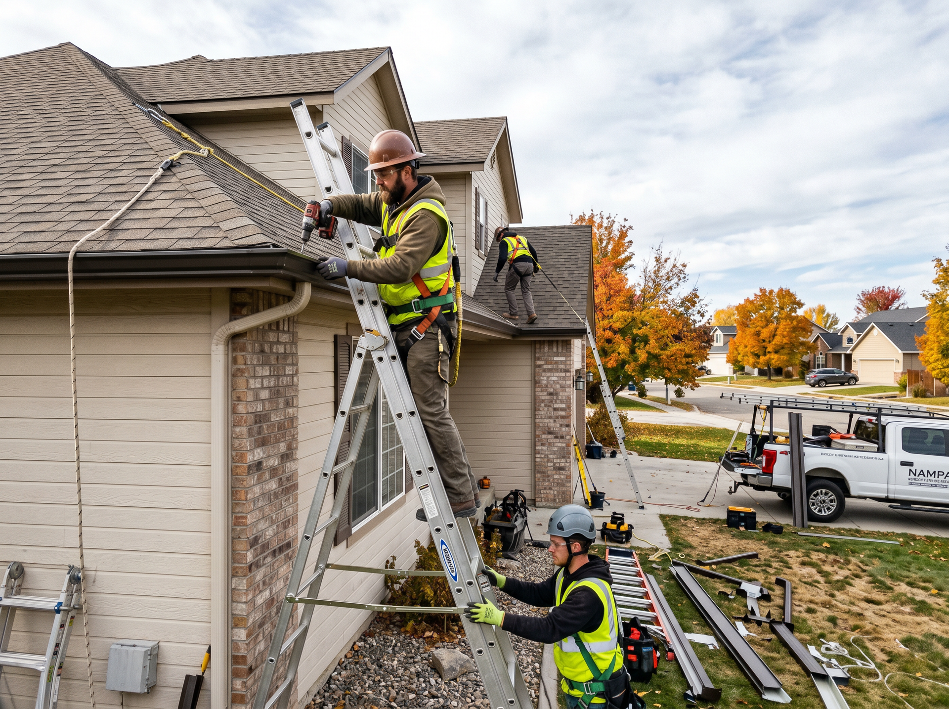 Roofers repairing a house roof with ladders and tools on a suburban street, autumn trees in the background