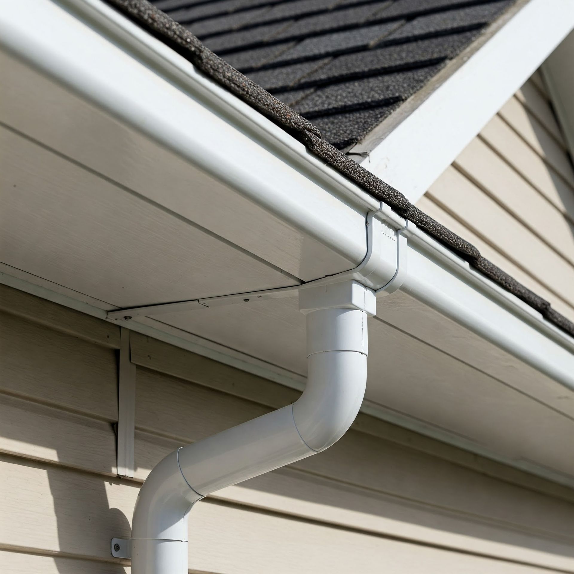 White rain gutter and downspout on a house with beige siding and dark roof.