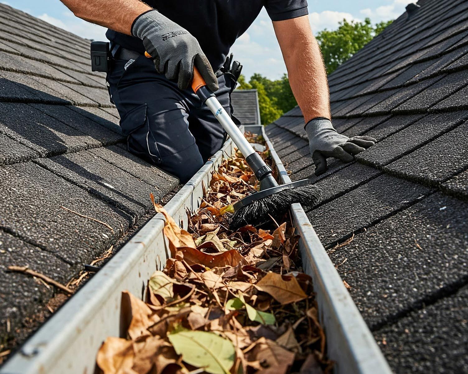 A man wearing yellow gloves is working on a roof.