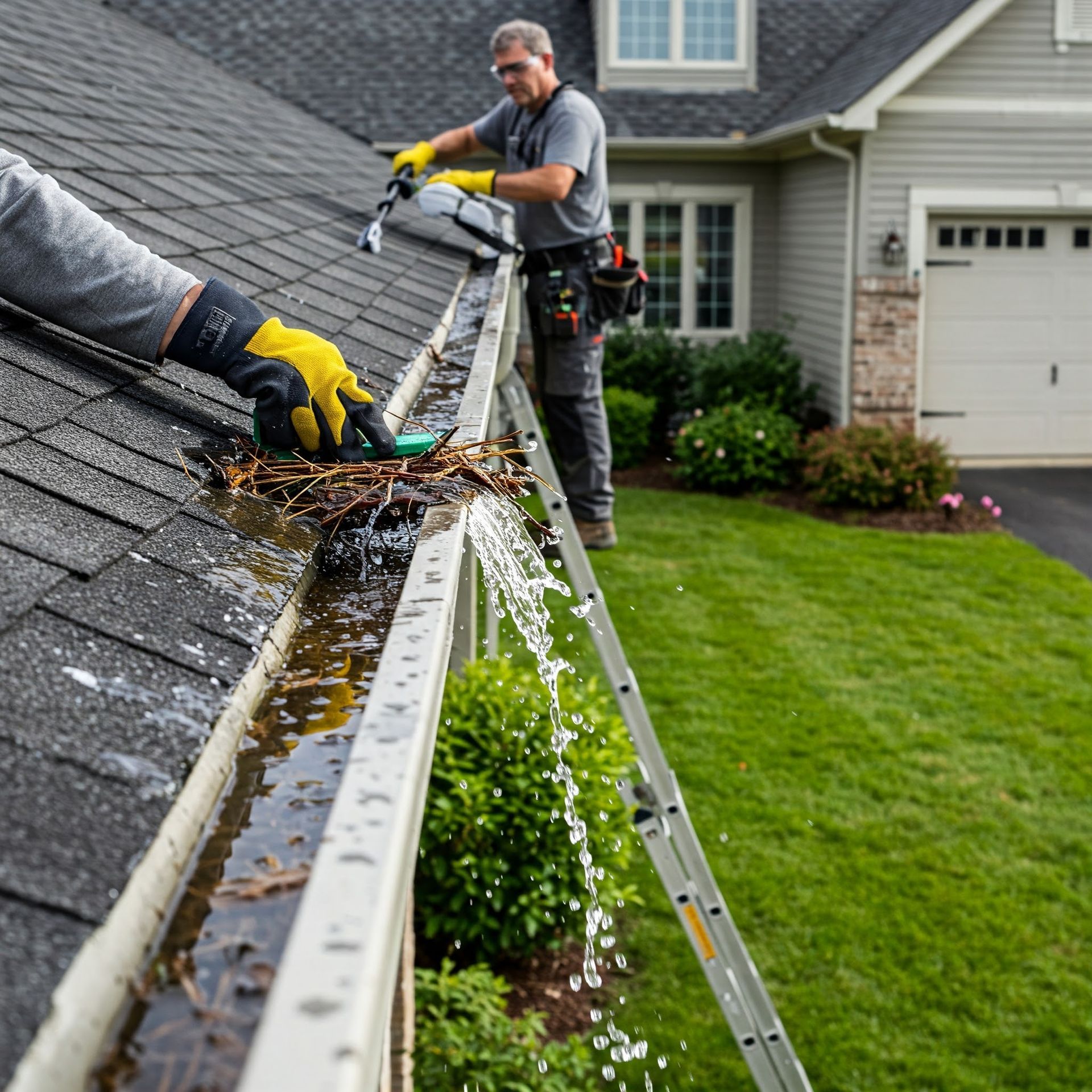 Man cleaning a gutter on a house roof with a ladder; water and debris visible.