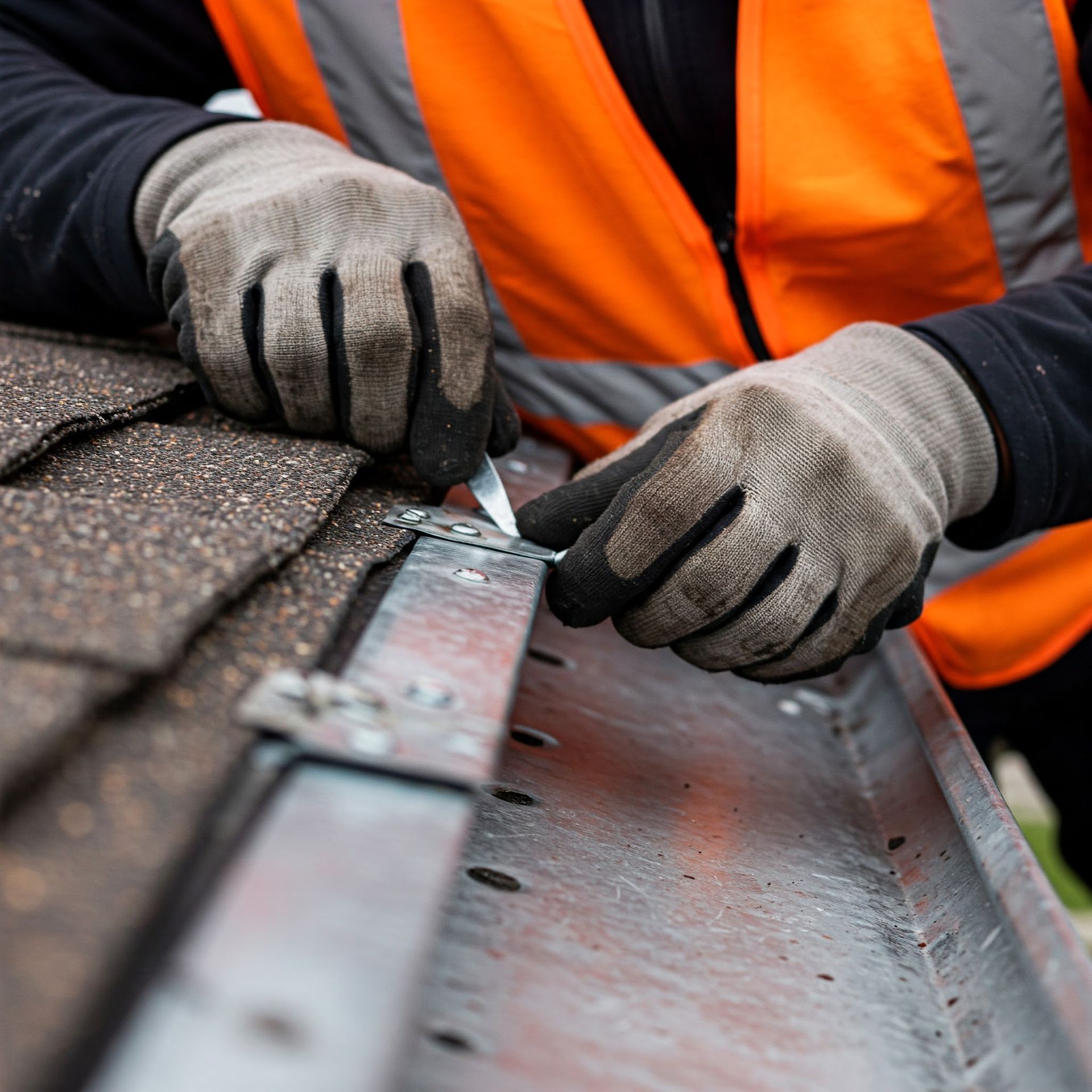 A person in an orange vest and gloves repairs a gutter with a tool.