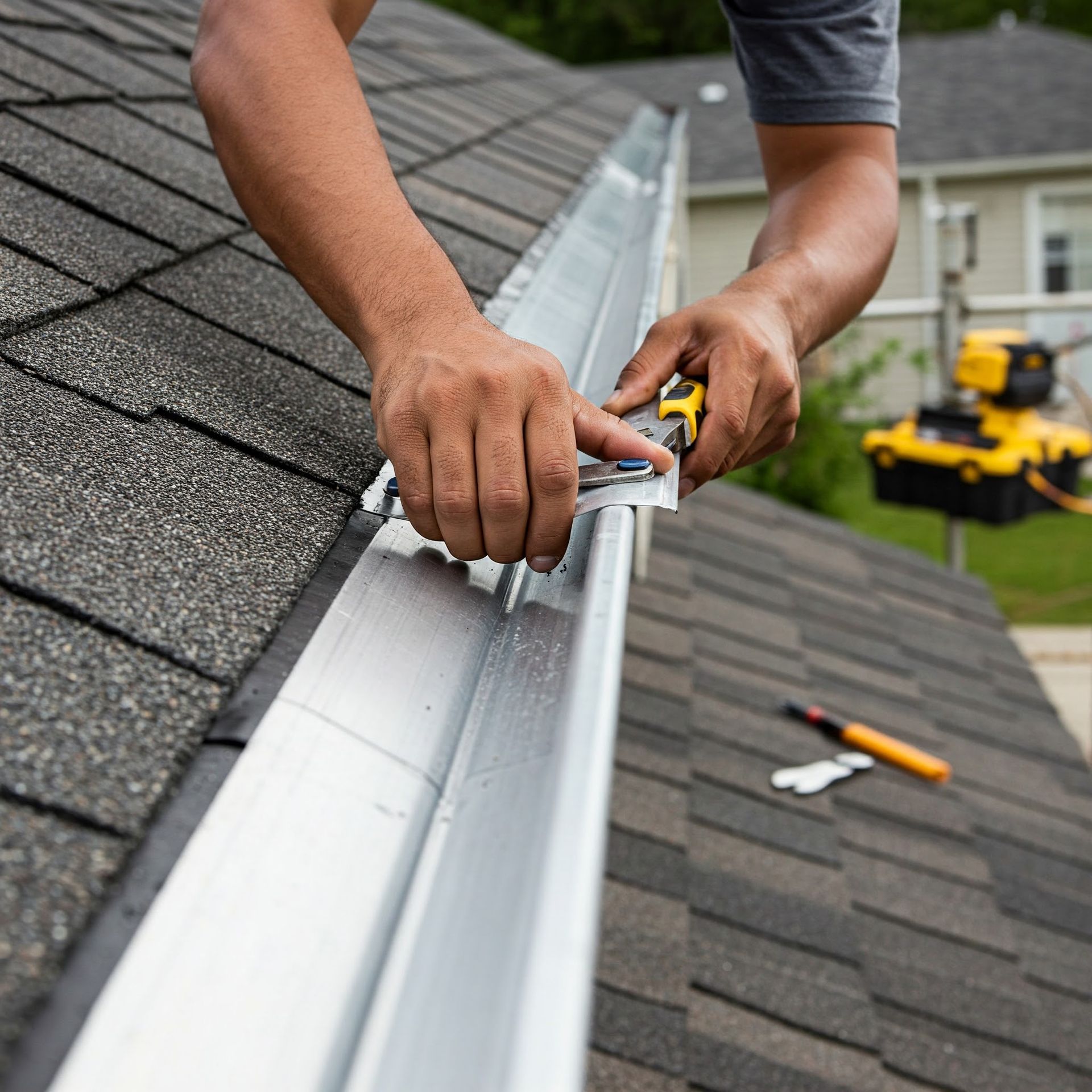 Man in cap repairing gutter, using a tool outdoors near a white building.