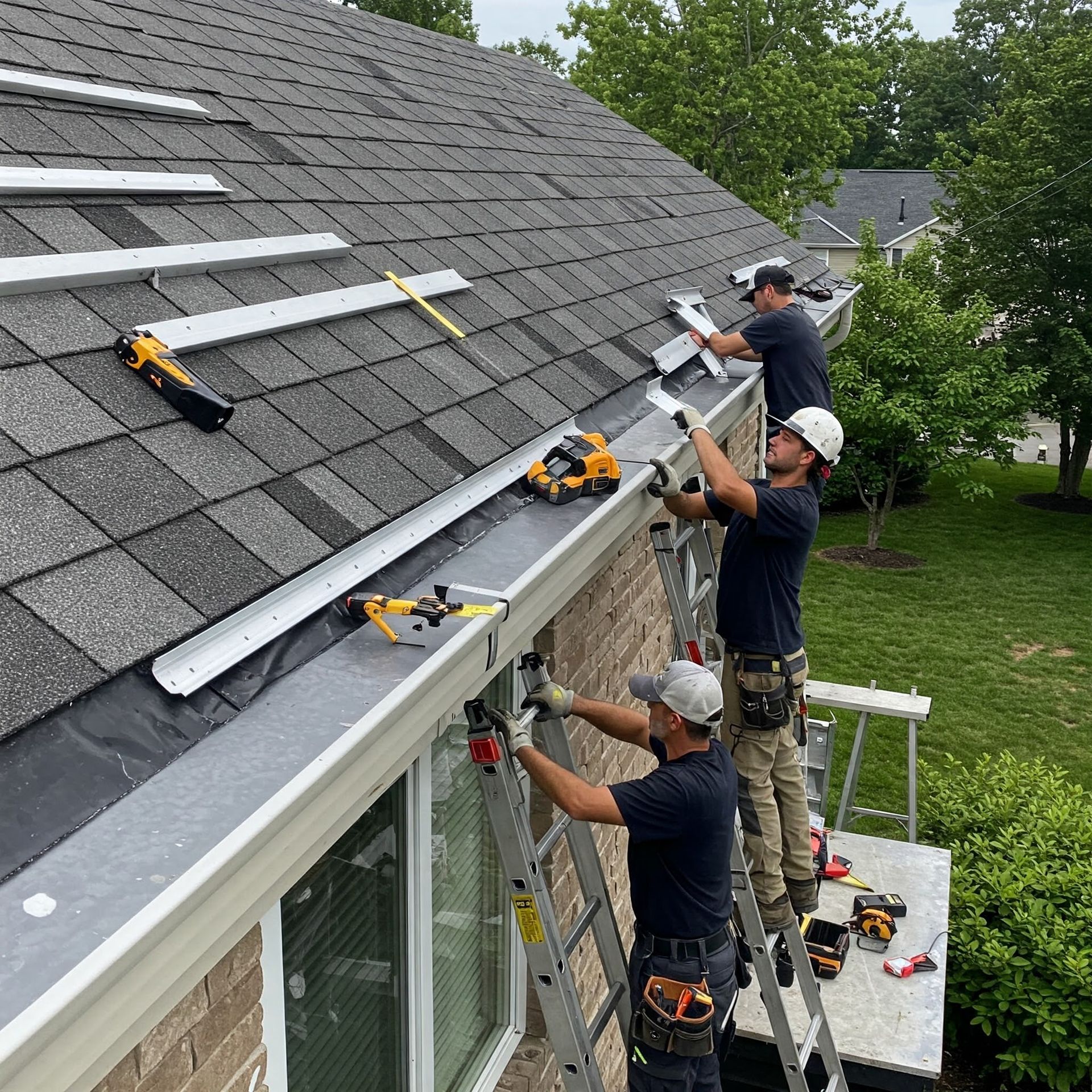 Three workers installing gutters on a house, working at different heights on a roof and ladder.
