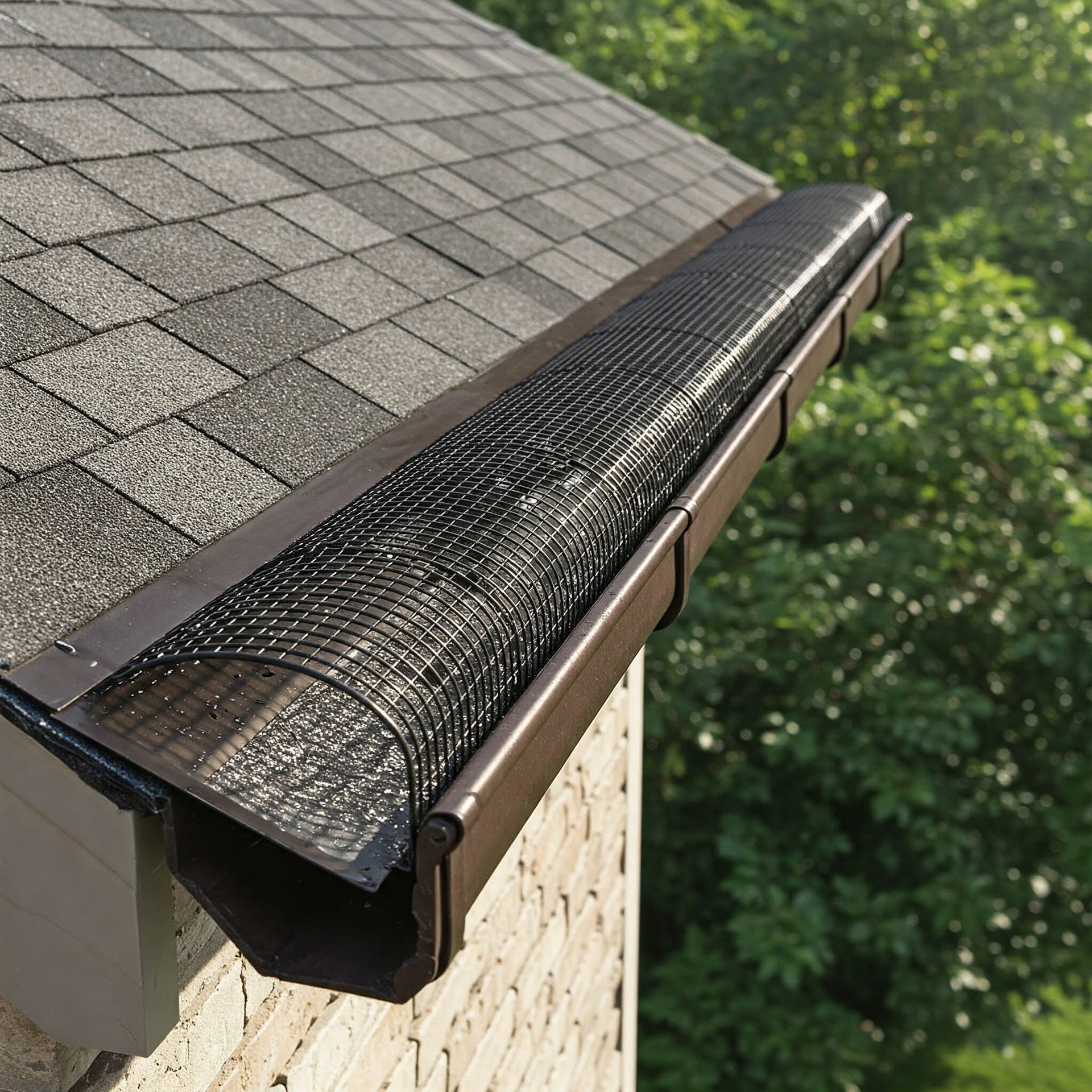 Brown gutter with a black mesh cover on a roof.