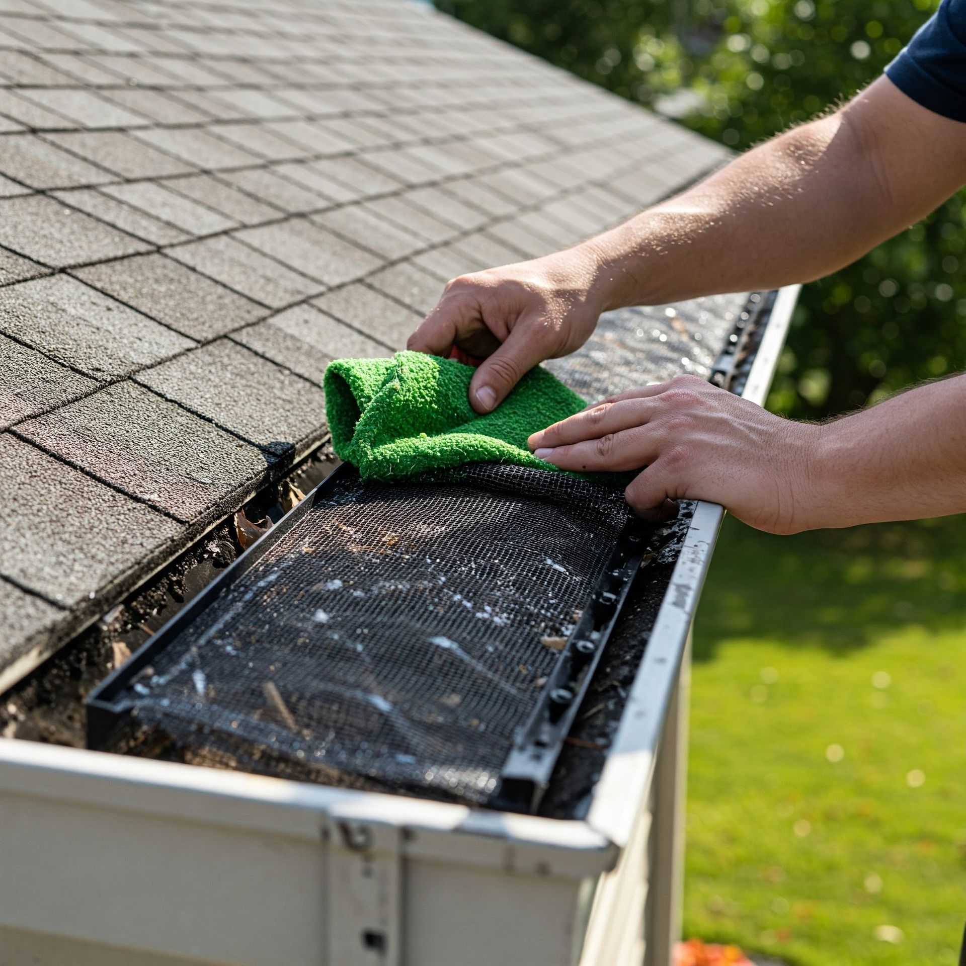 Person cleaning a gutter mesh screen on a house roof with a green cloth.