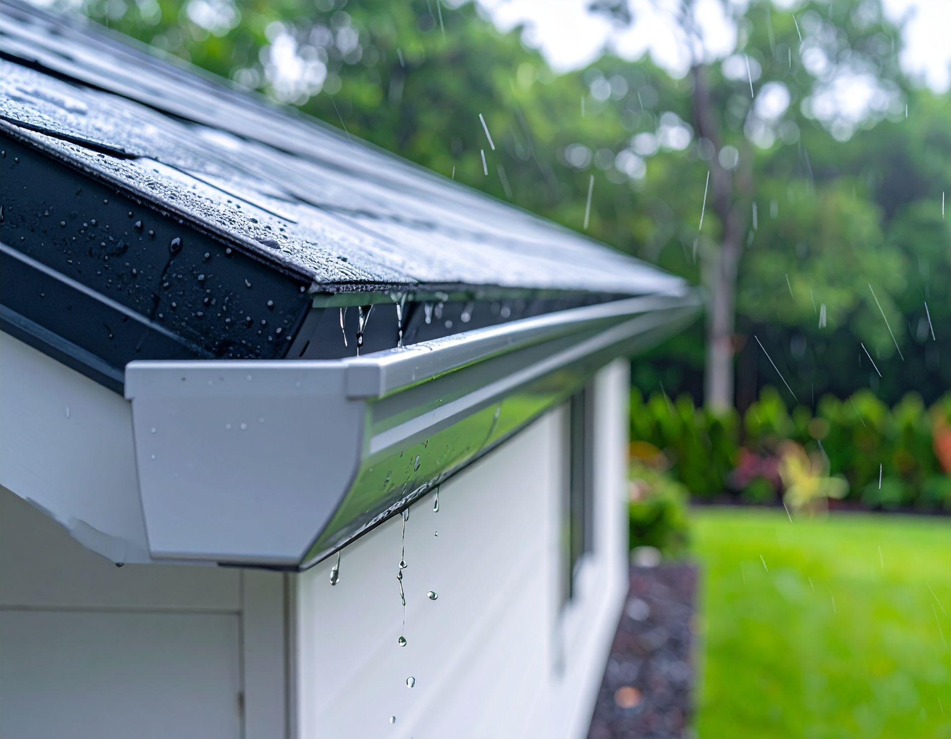 Rainy close-up of a house roof gutter with water dripping into a green yard