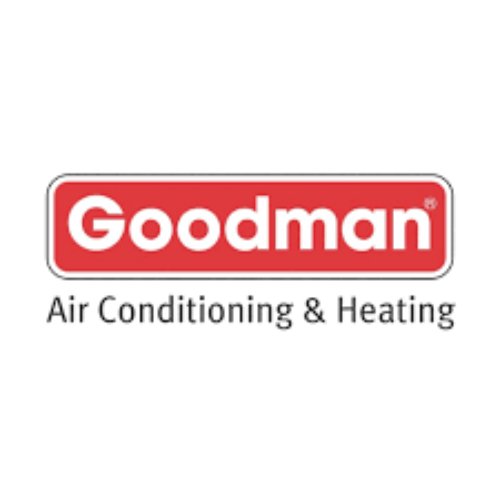 The logo for goodman air conditioning and heating is red and white.