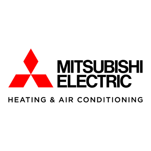 The Mitsubishi Electric Heating & Air Conditioning logo, featuring three red diamonds and black text on a white background.