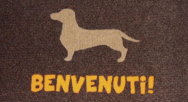 Silhouette di un cane sopra la parola “BENVENUTI!” su uno sfondo marrone con texture.
