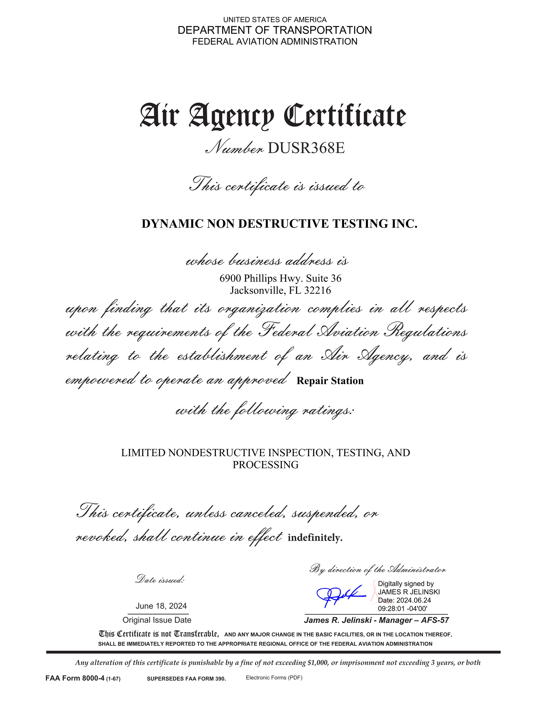 FAA Accredited Aviation Repair station certificate - aircraft parts inspections
