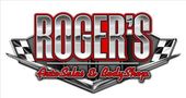 Roger&rsquo;s Auto Sales & Body Shop logo in red and silver chrome lettering