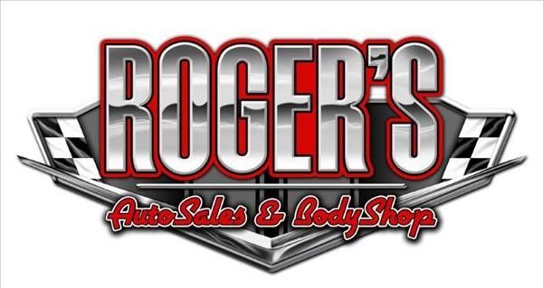 Roger&rsquo;s Auto Sales & Body Shop logo in red and silver chrome lettering