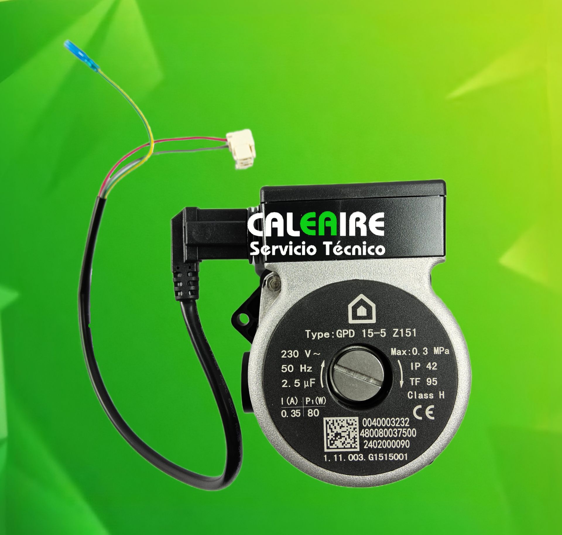 Una bomba de circulación Calenaire, IS-6 210, con carcasa negra, cableado adjunto y fondo verde.