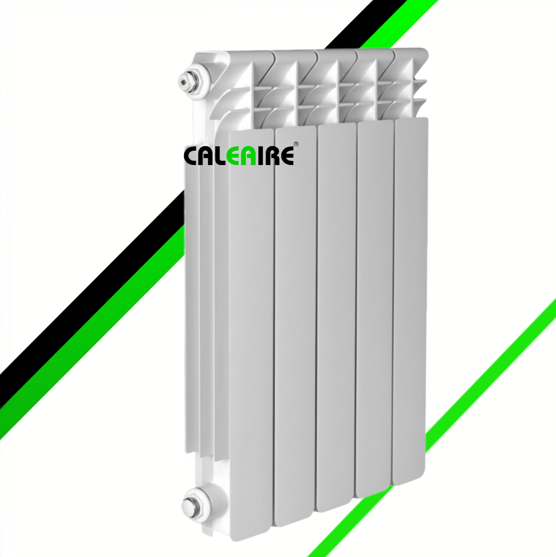 Radiador CALEAIRE de color blanco con paneles verticales sobre un fondo geométrico verde y negro.