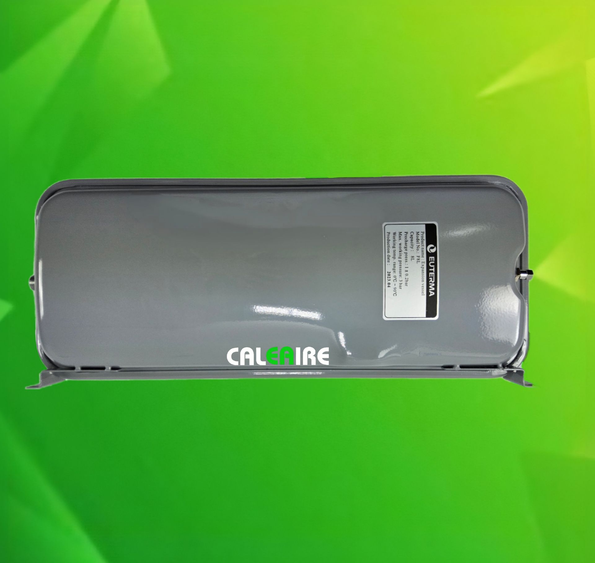 Depósito de refrigerante Calaire gris con logotipo verde, montado en soporte con conexión metálica.