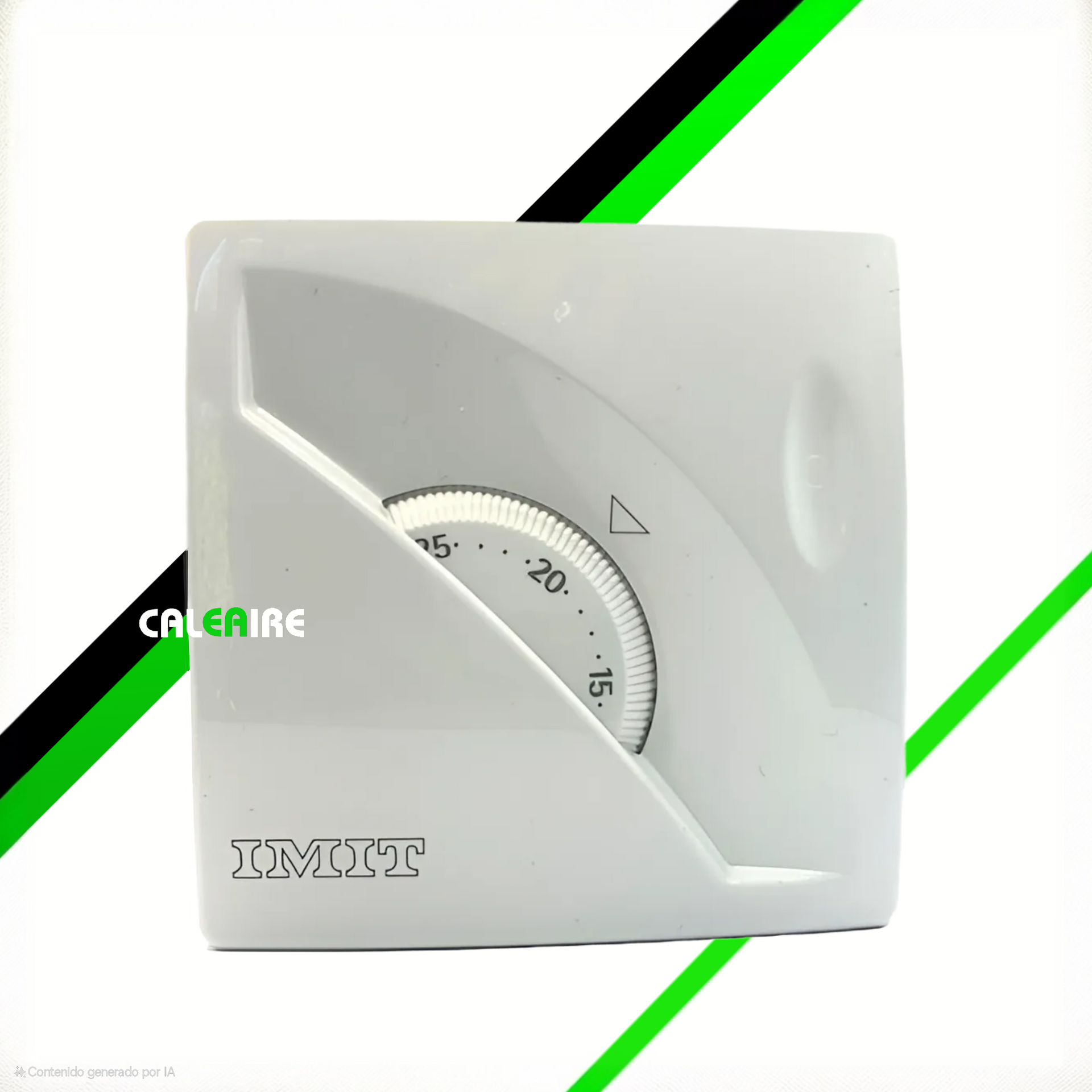 Termostato IMIT blanco con dial, regulado a unos 20 grados.