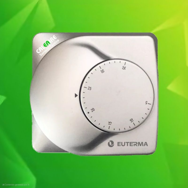 Termostato plateado con dial circular y marca 