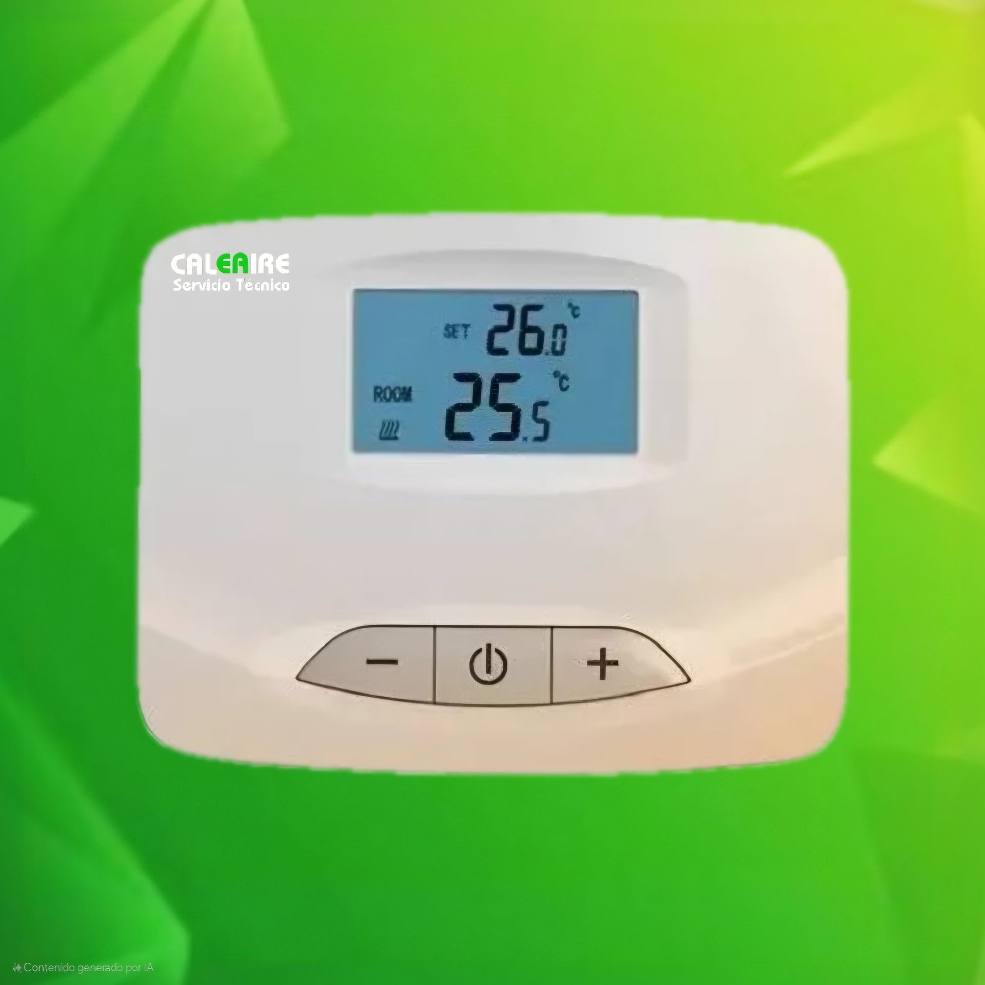 Termostato blanco con pantalla azul, que muestra la temperatura configurada 26,0 °C y la temperatura ambiente 25,5 °C;