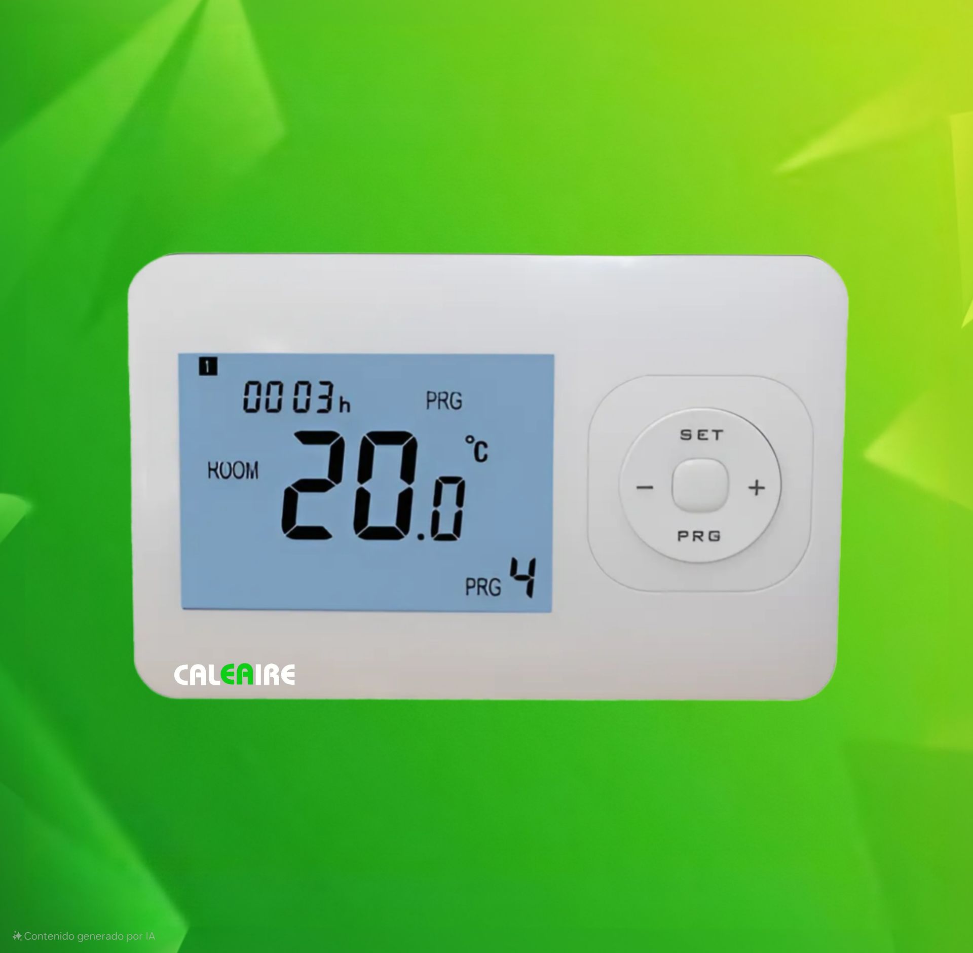 Termostato Calcare blanco que muestra 20,0 °C y detalles del programa sobre un fondo verde.
