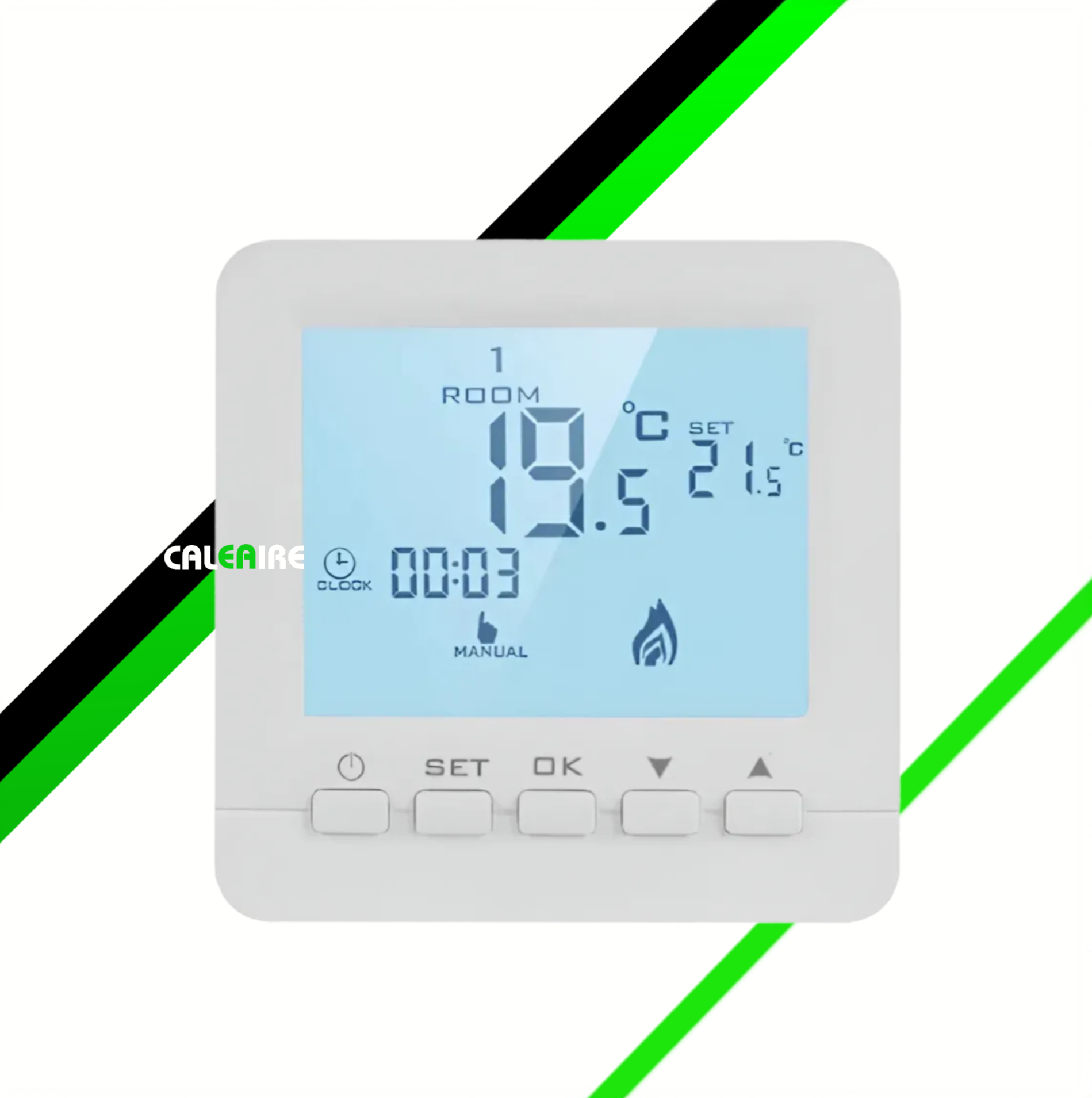 Termostato digital blanco que muestra una temperatura ambiente de 19,5 °C, una temperatura configurada de 21,5 °