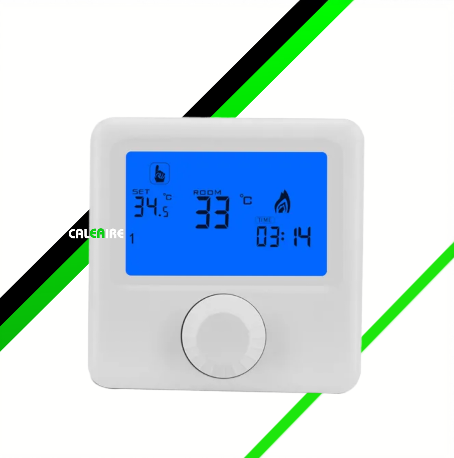 Termostato digital blanco con pantalla azul que muestra la temperatura y el tiempo, con dial.