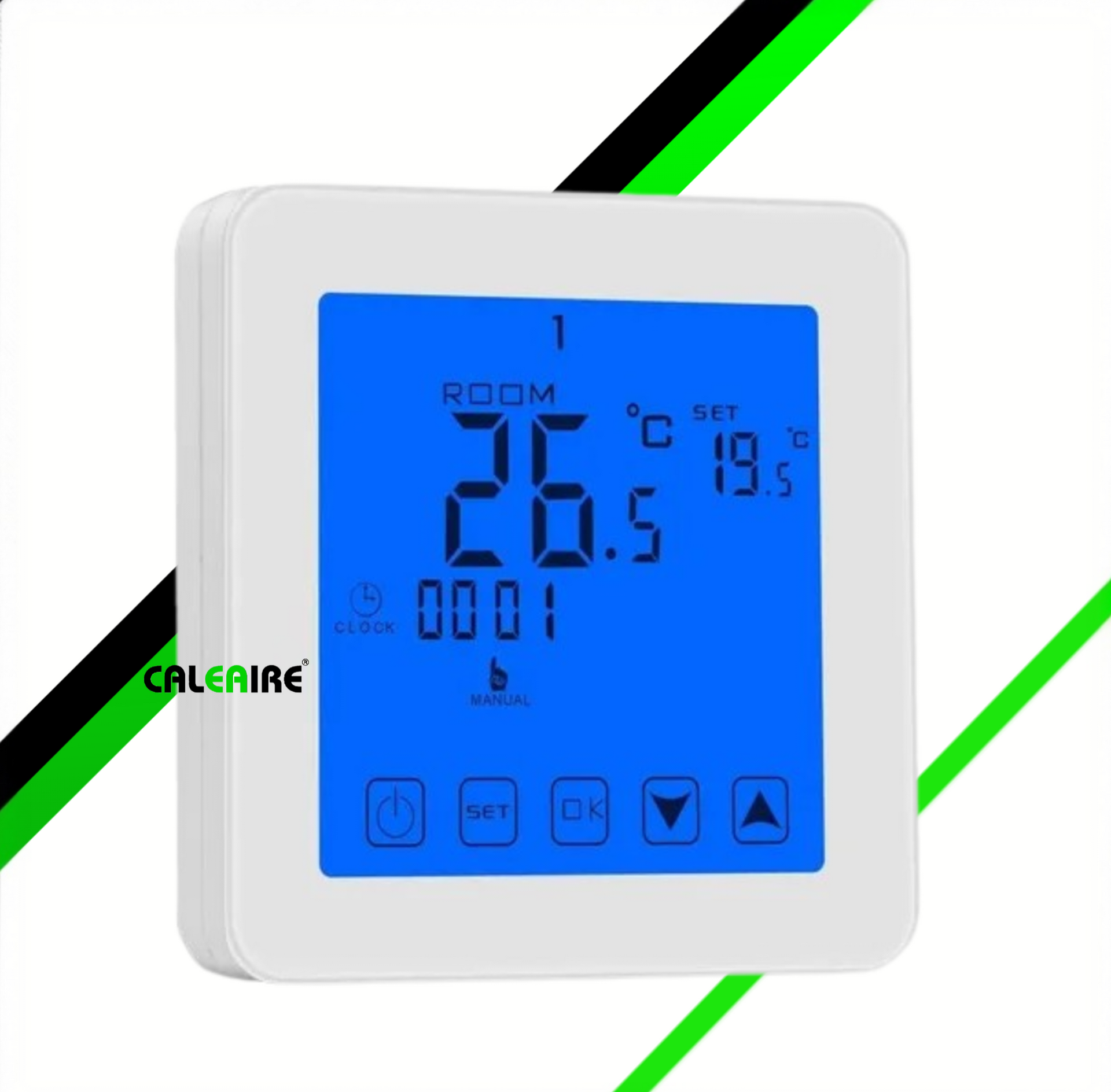 Termostato digital blanco que muestra la temperatura ambiente y la temperatura configurada.